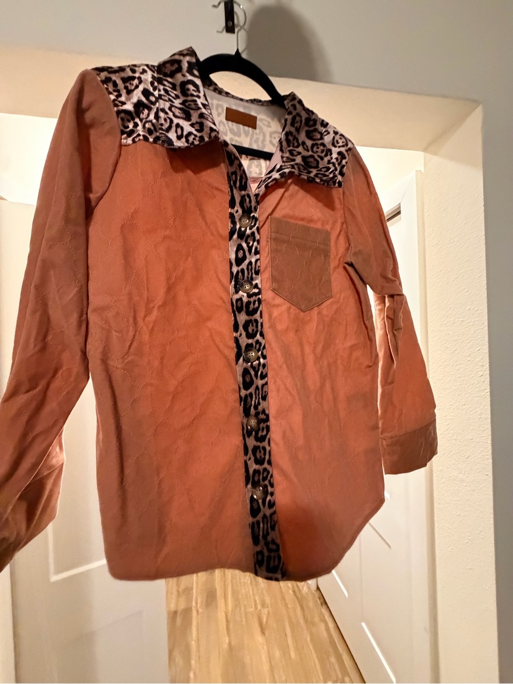 Umgee Peach Button-Down Shirt with Leopard Trim